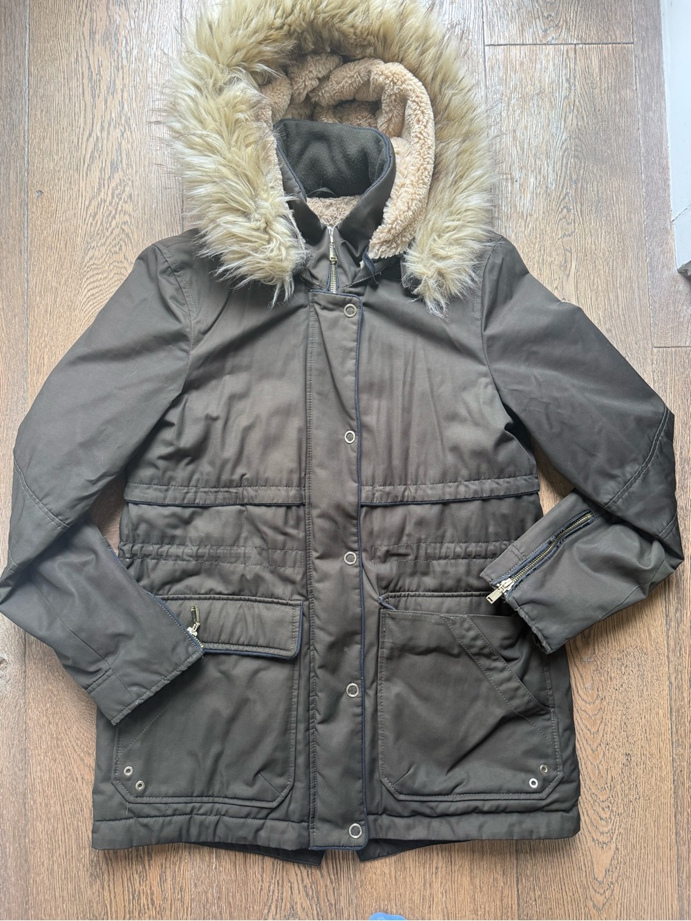 Zara Women's Faux-Fur Hooded Parka Jacket - Dark Olive